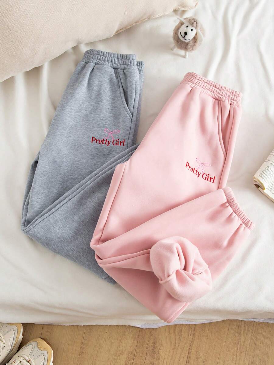 Genkimix Kids 2 件套女童图案刺绣羊毛慢跑裤套装，休闲日常穿着，粉色和灰色组合，秋季