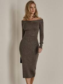 COSMINA Bộ 2 món áo len hở vai ôm sát gợi cảm thời trang nữ, quần áo thu đông màu nâu cà phê dành cho nữ - Cà phê nâu - Xem 4