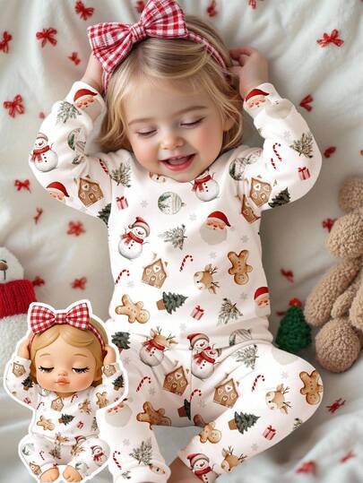 SHEIN Happikins White, Christmas Cute Snowman, Santa Claus, Snow Globe, Gingerbread Man, Botanical Print Thick Comfortable Long Sleeve Top And Leggings Pajama Set For Baby Girls, Snug Fit, Cozy Season, Christmas Vibes, Christmas Gifts, Easy Comfort, Autumn & Winter Layers For Girls, Stylish Baby Girls, Casual Wear, Baby & Baby Girl Graphic Clothes, Fall & Winter Sleepwear, New Style, Winter Fashion, Christmas Party