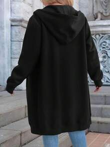 EMERY ROSE Sudadera con cremallera de unicolor de talla grande para mujer, sudadera casual con bolsillo para mujer en primavera/otoño, sudadera con cremallera de manga larga y corte holgado, sudadera con cremallera negra regular - Negro - Ver 2