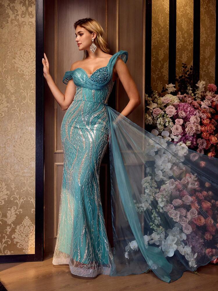 MOTF Soiréza WOMEN'S SEQUIN SEXY ELEGANT ASYMMETRICAL SHOULDER MERMAID EVENING GOWN, SUITABLE FOR BANQUET