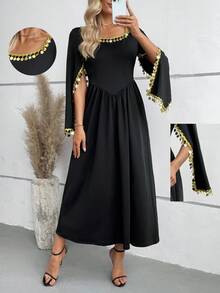 SHEIN Elegant Muslim Women's A-Line Maxi Dress With Cinched Waist And Gold Accents - Black - View 1