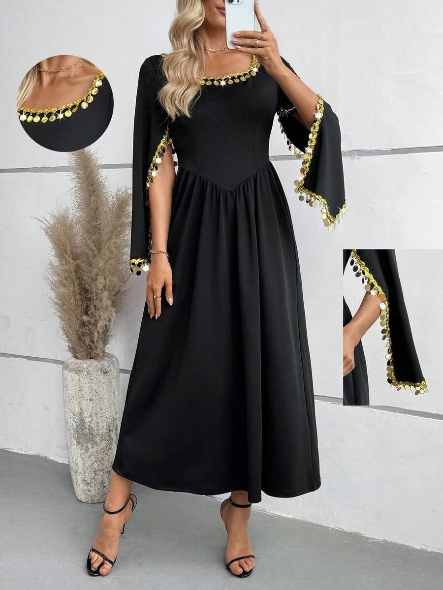 SHEIN Elegant Muslim Women's A-Line Maxi Dress With Cinched Waist And Gold Accents - Black - View 1