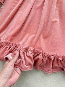 Blossori Young Girls' French Elegant Ruffle Trim Velvet Long Sleeve Dress - Pink - View 6
