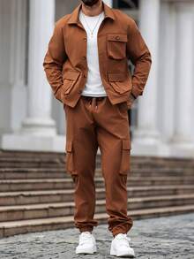Manfinity Homme Men 2pcs Minimalist Style Long Sleeve Top & Pants Set, Casual Everyday Outfit, Fall Clothes, Cozy Outfits - Brown - View 4