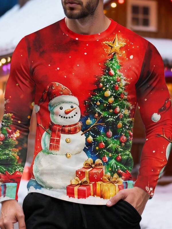 Manfinity Homme [Best-Selling] Christmas Print Long Sleeve T-Shirt For Men, Autumn/Winter Men's Tops Cozy Fall & Winter Styles Christmas Gifts Christmas Clothes Christmas Outfit Long Sleeve Tops