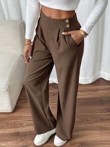SHEIN PETITE CURVE 大码女式双扣直筒优雅通勤裤 女式休闲裤 高腰裤 褶皱阔腿裤 棕色女裤 棕色阔腿裤
