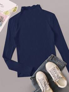SHEIN EZwear Navy Blue Ribbed Knit Stand Collar Long Sleeve Fitted Casual T-Shirt, Plus Size/Fall/Winter
