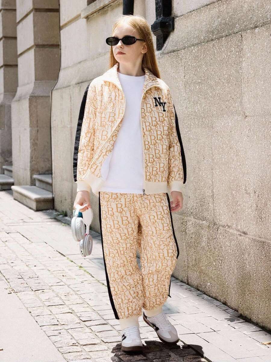 SHEIN Explorewe Set de 2 jachete cu imprimeu integral și pantaloni asortați cu imprimeu integral, pentru fete preadolescente, material moale și confortabil, potrivit pentru activități în aer liber, școală, fotografie, timp liber, dans și diverse ocazii, toamnă - Aur - Vizualizare 1