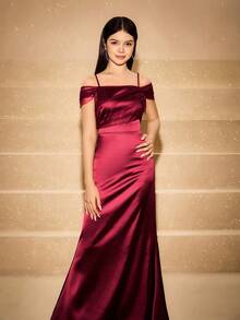 缎面和网眼拼布无袖紧身连衣裙，高端青少年风，适合婚礼、舞会、生日派对、返校节、毕业典礼、圣诞节、万圣节 - 酒紅色 - 查看 6