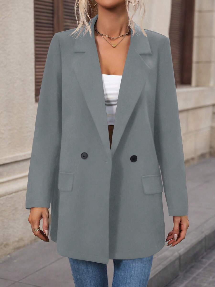SHEIN LUNE Women's Solid Color Minimalist Long Sleeve Blazer, Everyday Wear - Grey - View 1