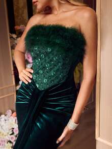 MOTF Soiréza VESTIDO DE FIESTA SIN TIRANTES CON BORDE DE PELO PARA MUJER - Verde Oliva - Ver 3