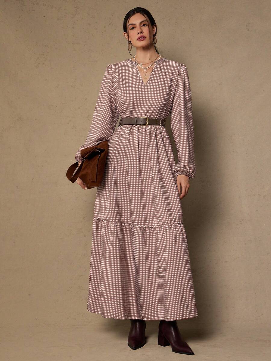 Váy tay đèn lồng cổ khoét caro kẻ caro cỡ lớn, mùa thu - Màu Khaki - Xem 1