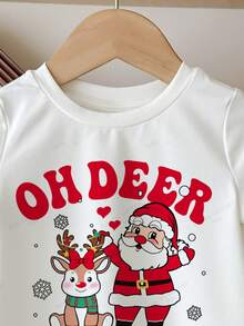 SHEIN 圣诞快乐可爱搞笑卡通圣诞老人和驯鹿图案“Oh Deer”节日年轻女孩休闲简约圆领短袖T恤，适合夏季 - 彩色 - 查看 4