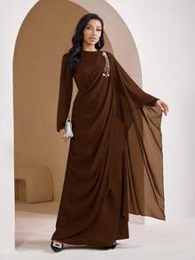 Veilorie Women's Rhinestone Decor Round Neck Pleated Elegant Arabic Style Dress - Mocha Brown - View 3