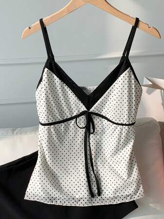 Comfortcana Women's Contrast Polka Dot Print Tie Strap Camisole Top