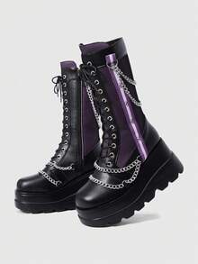 ROMWE Grunge Punk 女式紫色圆头厚底哥特朋克深色铆钉链条十字扣时尚中筒靴 - 紫色 - 查看 2