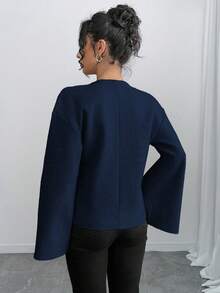 INAWLY Cardigan elegante feminino, fofo, quente, decote em V, manga sino, cintura marcada, jaqueta curta - Azul marinho - Ver 2