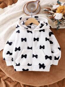 Elladie kids 女童可爱黑色蝴蝶结条纹毛绒时尚舒适秋冬连帽长袖外套，儿童舒适百搭开衫 - 米色 - 查看 6