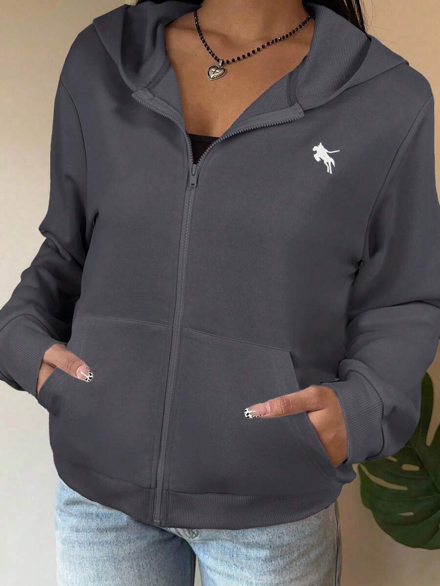 SHEIN EZwear 秋冬女士灰色针织连帽卫衣 - 深灰色 - 查看 1