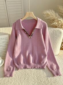 Genkimix Kids 少女梅红色 V 领插肩袖毛衣 - 紫色 - 查看 6