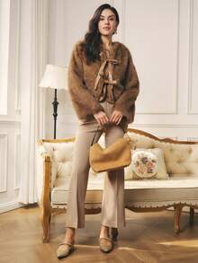 Omancia Women's Elegant Brown Top With PU Leather, Faux Fur And Tie-Up Fur Jacket, Casual For Party, Halloween, Christmas, New Year, Thanksgiving, Autumn/Winter - Coffee Brown - View 4