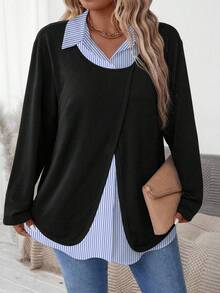 EMERY ROSE Plus Size Casual Patchwork Striped Turndown Collar Long Sleeve Shirt, Autumn - Blue - View 2
