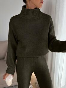 SHEIN Tall Women Relaxed Fit Turtle-Neck Sweater With Rib Knit Detailed And Straight Knit Pant Set - Army Green - View 7