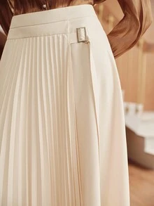 Uhlyne Uhlyne Women's Fashion Minimalist Buckle Detail Pleated Skirt - Apricot - View 6