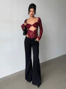Aloruh Women's Sexy Crop Top Sheer Bodysuit - Burgundy - View 1