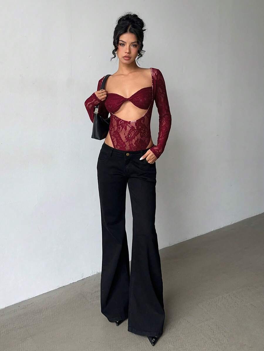 Aloruh Women's Sexy Crop Top Sheer Bodysuit - Burgundy - View 1