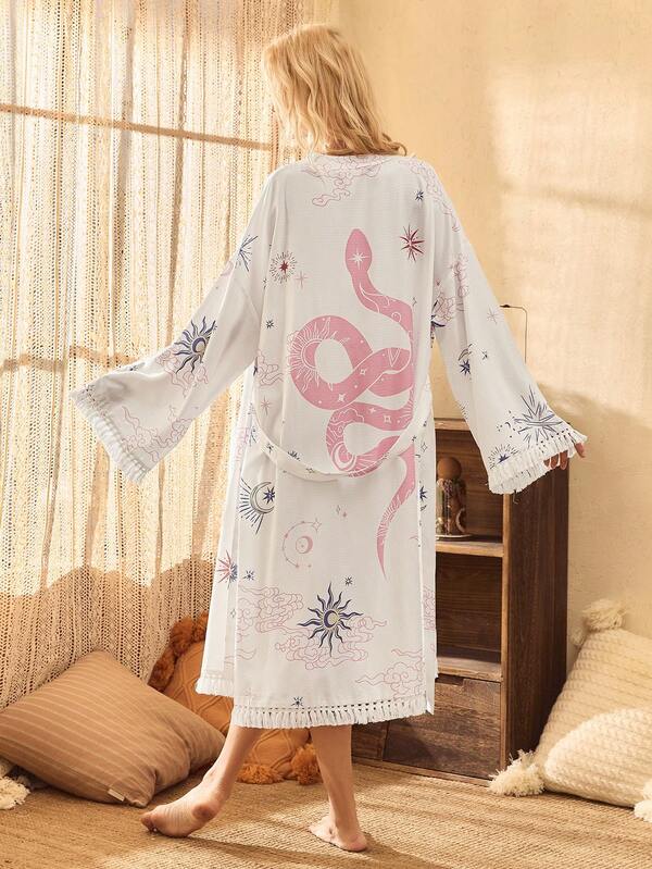 Lullawish Bohemian Star & Moon Print Tassel Trim Long Sleeve Women Sleepwear, Winter