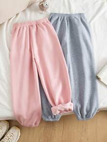 Genkimix Kids 2 件套女童图案刺绣羊毛慢跑裤套装，休闲日常穿着，粉色和灰色组合，秋季