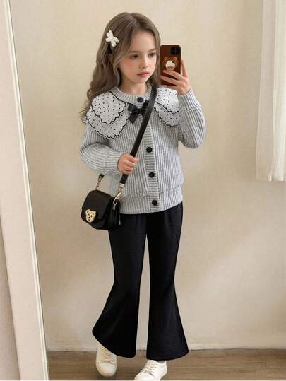Elladie kids 秋冬季少女粉色蕾丝领黑色蝴蝶结黑色纽扣长袖上衣+黑色喇叭裤套装，甜美可爱，复古时尚，休闲舒适，适合日常、旅行、上学等场合。