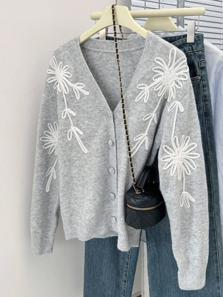 SHEIN Frenchy Women's Casual Floral Print Long Sleeve Button-Up Cardigan,Winter For Women,New Year Women's , Thanksgiving For Women; Knit Sweater, Women Sweater, Cottagecore ; - Grey - View 1