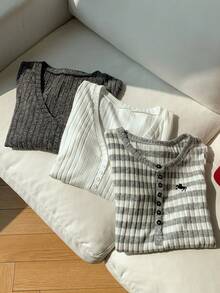 Comfortcana 女式圆领长袖半拉链条纹罗纹休闲T恤 - 彩色 - 查看 3