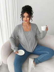 Elenzga Camiseta Plus Size Casual Minimalista com Gola Redonda e Manga Longa - Cinza claro - Ver 3