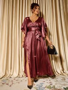 Cravure 大码女式 V 领宽松短袖系腰荷叶边下摆优雅长款派对连衣裙 - 酒紅色 - 查看 6