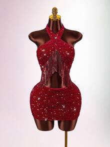 Amplova 2 chiếc áo yếm nhung thêu sequin cho nữ có viền tua rua, gợi cảm, thích hợp mặc nhiều lớp khi dự tiệc, gợi cảm và dễ thương - Nhiều màu - Xem 4