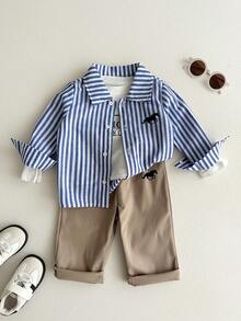 SHEIN 2pcs Baby Boy British Style Striped Collar Button-Up Polo Print Thick Shirt & Casual Trousers Suit, Thermal Lined, Suitable For Winter - Multicolor - View 8
