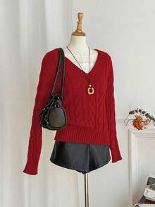 Sweetra 女式简约甜美棕色 V 领粗针织长袖套头衫，秋冬 - 紅色 - 查看 4