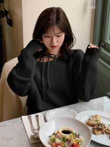 DAZY Autumn/Winter Versatile Round Neck Halter Tie Design Loose Fit Long Sleeve Sweater For Women