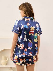 时尚可爱小狗撞色印花缎面女士睡衣套装，短袖上衣和短裤，热带风情睡衣套装，夏季睡衣，夏季家居服，女士夏季、冬季服装 - 彩色 - 查看 2