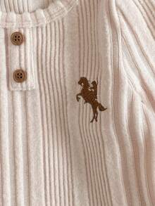 Loomiva 4pcs Baby Boy Cartoon Horse Pattern Knit Soft Round Neck Long Sleeve Half-Zip Pullover Top & Elastic Waist Pants Set - Multicolor - View 3