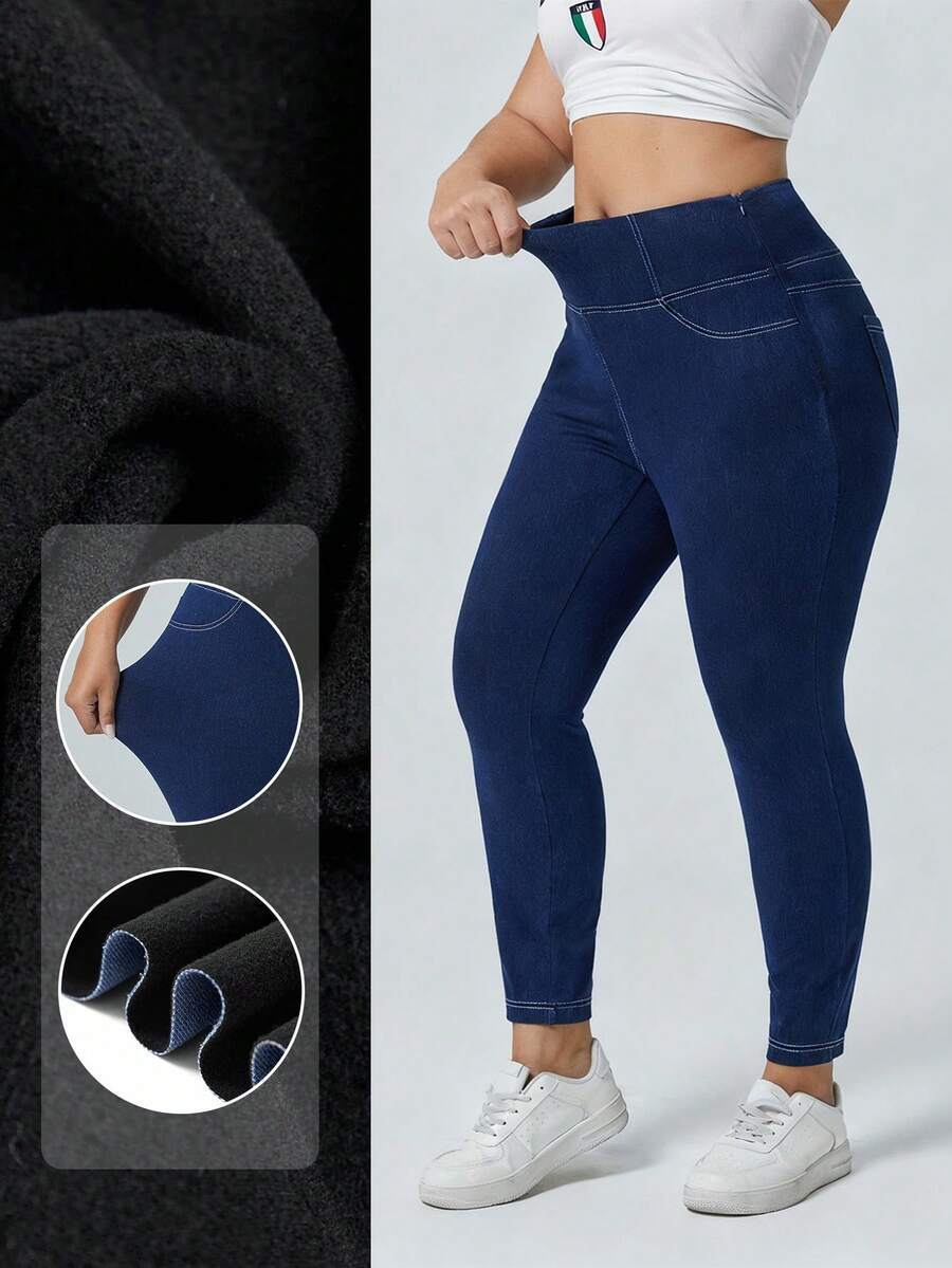 Flexra 大码休闲破洞宽松弹力针织紧身牛仔裤 - 藍色 - 查看 1