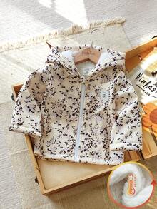 SHEIN Vintaside Kids 复古碎花连帽女婴外套，拉链闭合，保暖内衬，休闲时尚冬季外套 - 彩色 - 查看 8