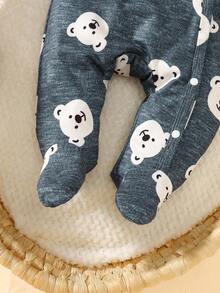 SHEIN 2pcs/Set Newborn Baby Unisex Cartoon Bear Print Long Sleeve Jumpsuit With Hat, Suitable For Daily Wear, Birthday Party, Photography In Spring, Summer, Autumn, Winter - Navy Blue - View 5