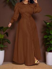 Veslaya 秋冬新品，女士秋冬服装，大码连衣裙，女士生日礼服，棕色长裙，锈棕色连衣裙，优雅棕色连衣裙，秋季连衣裙，端庄连衣裙 - 棕色 - 查看 1