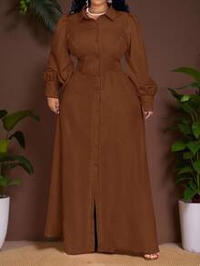 Veslaya 秋冬新品，女士秋冬服装，大码连衣裙，女士生日礼服，棕色长裙，锈棕色连衣裙，优雅棕色连衣裙，秋季连衣裙，端庄连衣裙 - 棕色 - 查看 15
