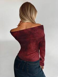 Aloruh 1 buah Kaos Lengan Panjang Wanita Kasual Motif Tie Dye dengan Bahu Terbuka, Cocok untuk Musim Semi dan Musim Gugur - Burgundy - View 2